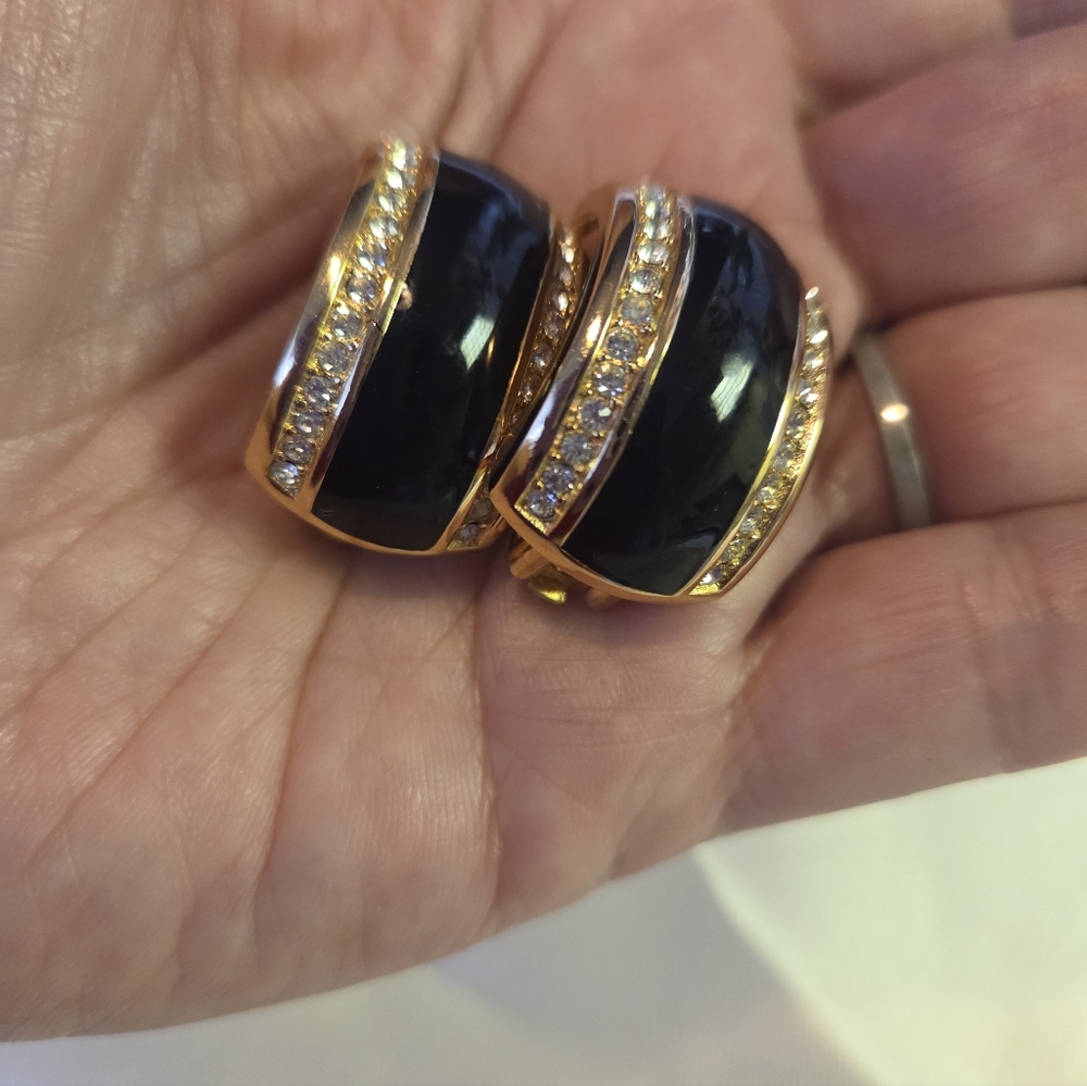 Authentic Christian DIOR Gold and Black Clip On  Earrings, crystals